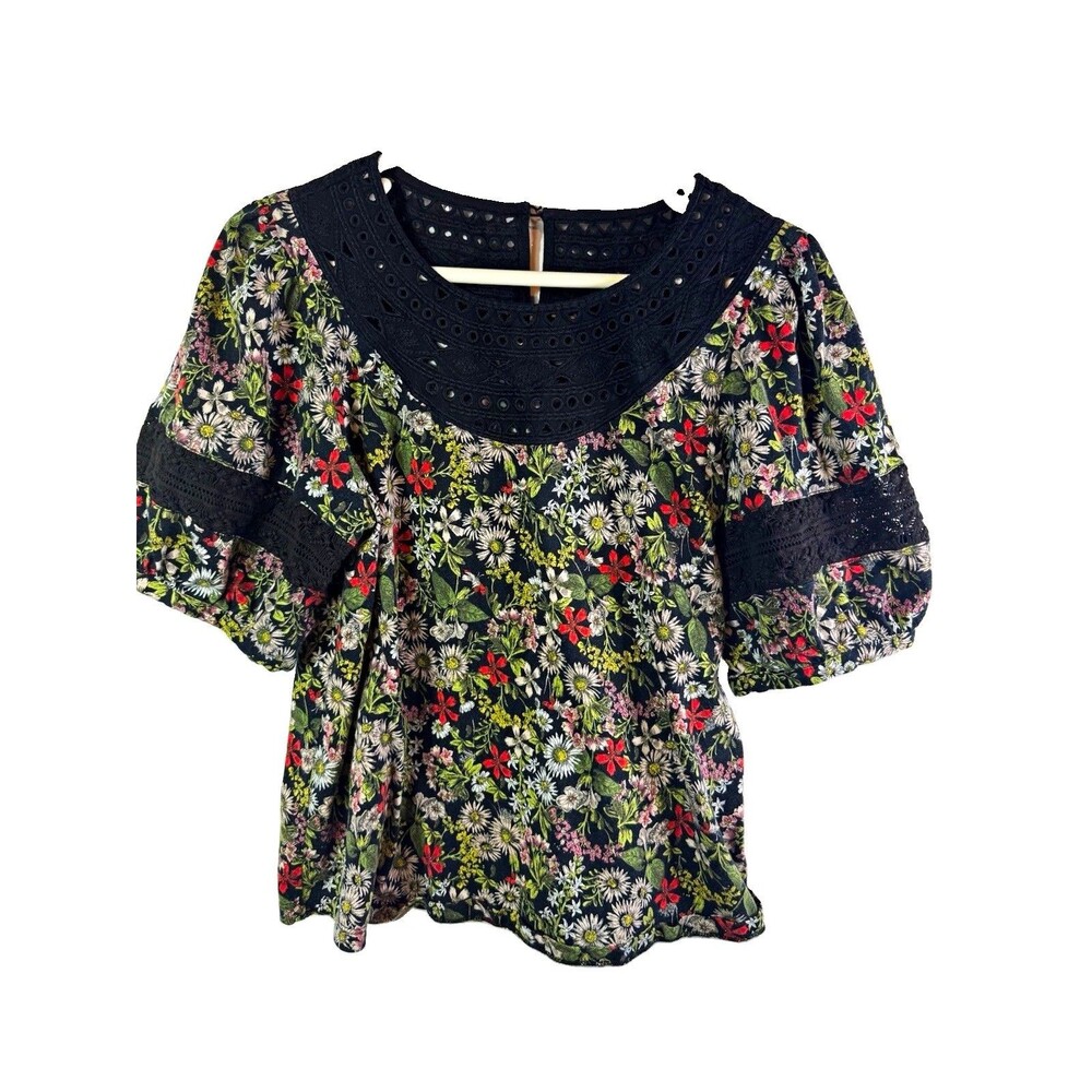 Pilcro by Anthropologie Breann  M Floral Puff Sleeve Eyelet Blouse, Cottagecore